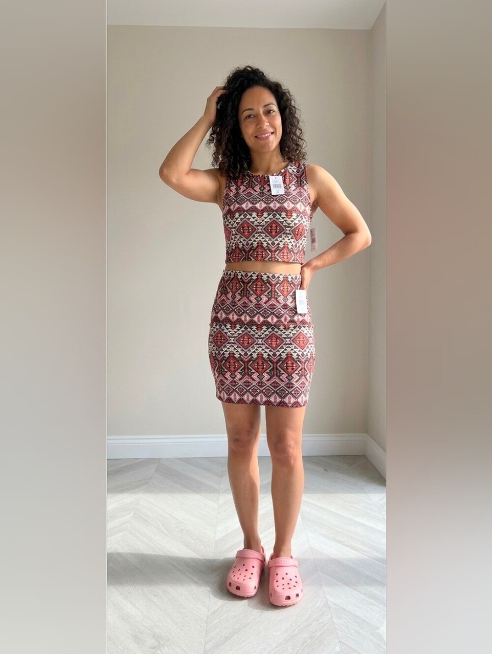 Ultra Flirt Geometric Tribal Print 2-Piece Set Crop Top L Mini Skirt S NWT